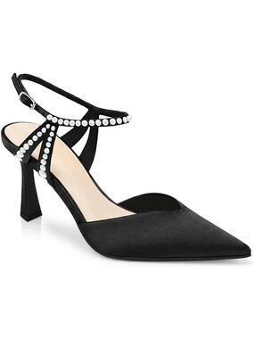 Elegant Satin High Heels, Closed Pointed Toe, Pearl Ankle Strap, Wedding Party